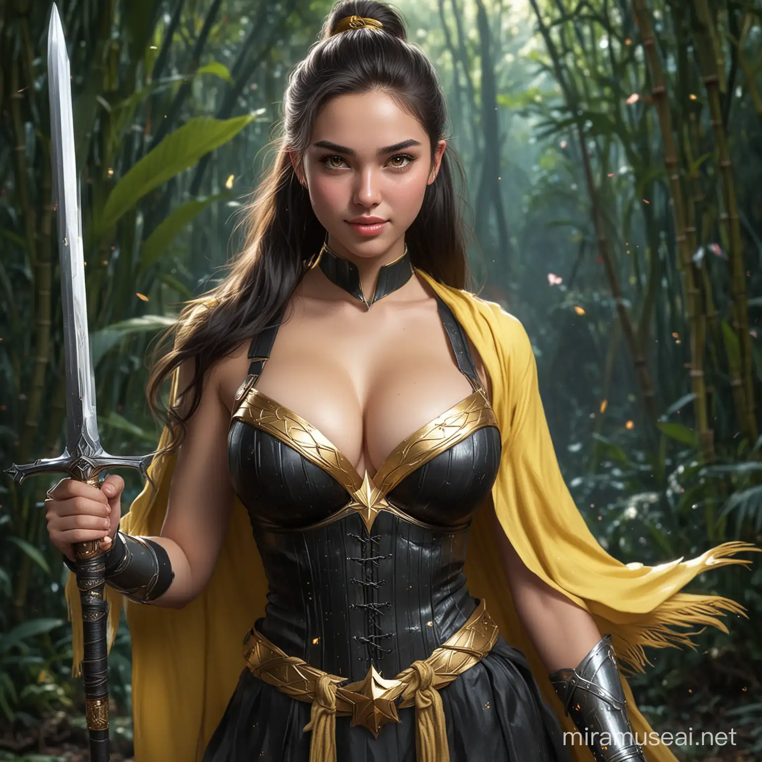 A handsome beautifull girl age 17 year old, close-up of a sweet girl holding a sword and a sword, black hair, a yellow triangle scarf around his neck, a black military uniform, (especially large), inspired by Gal Gadot, ((Huge Breast: 1.6)), ponytail, smile, moon-themed costume, astral witch costume, blue-gold pupils, thin man fantasy alchemist, full body adoptable, background jungle bamboo and flower rainbow, realiy realistic, 18K
