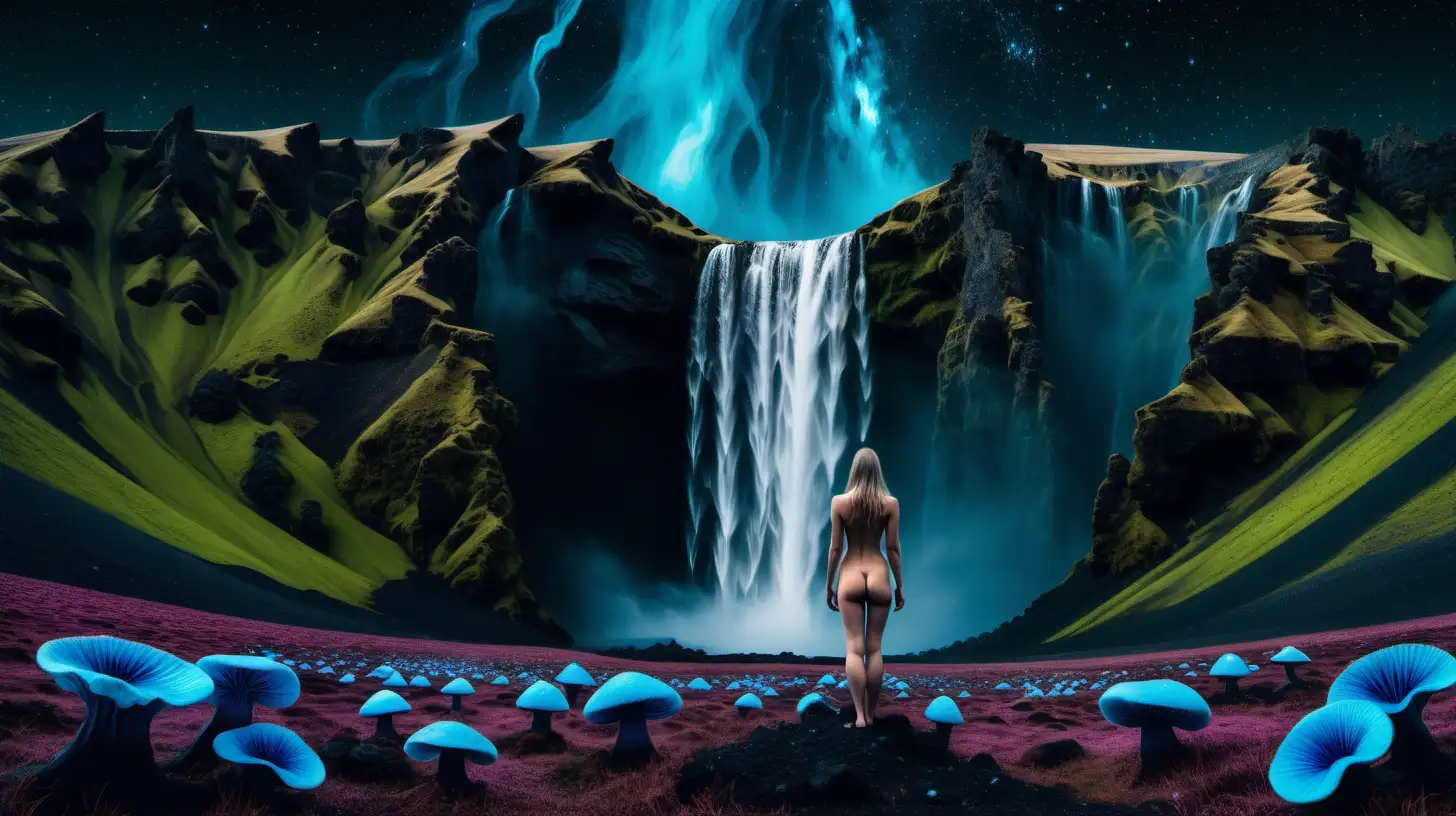 Icelandic Psychedelic Landscape with Nude Woman and Galactic Flora