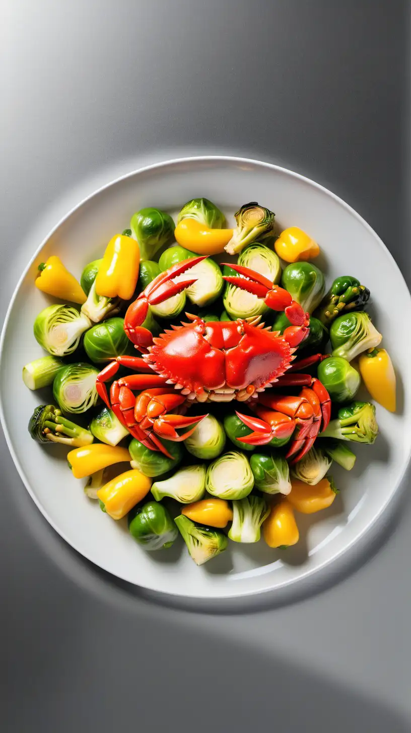 Imitation crab on a bed of brussel sprouts, diced yellow bell peppers, zucchini, asparagus, circular white plate, steel countertop