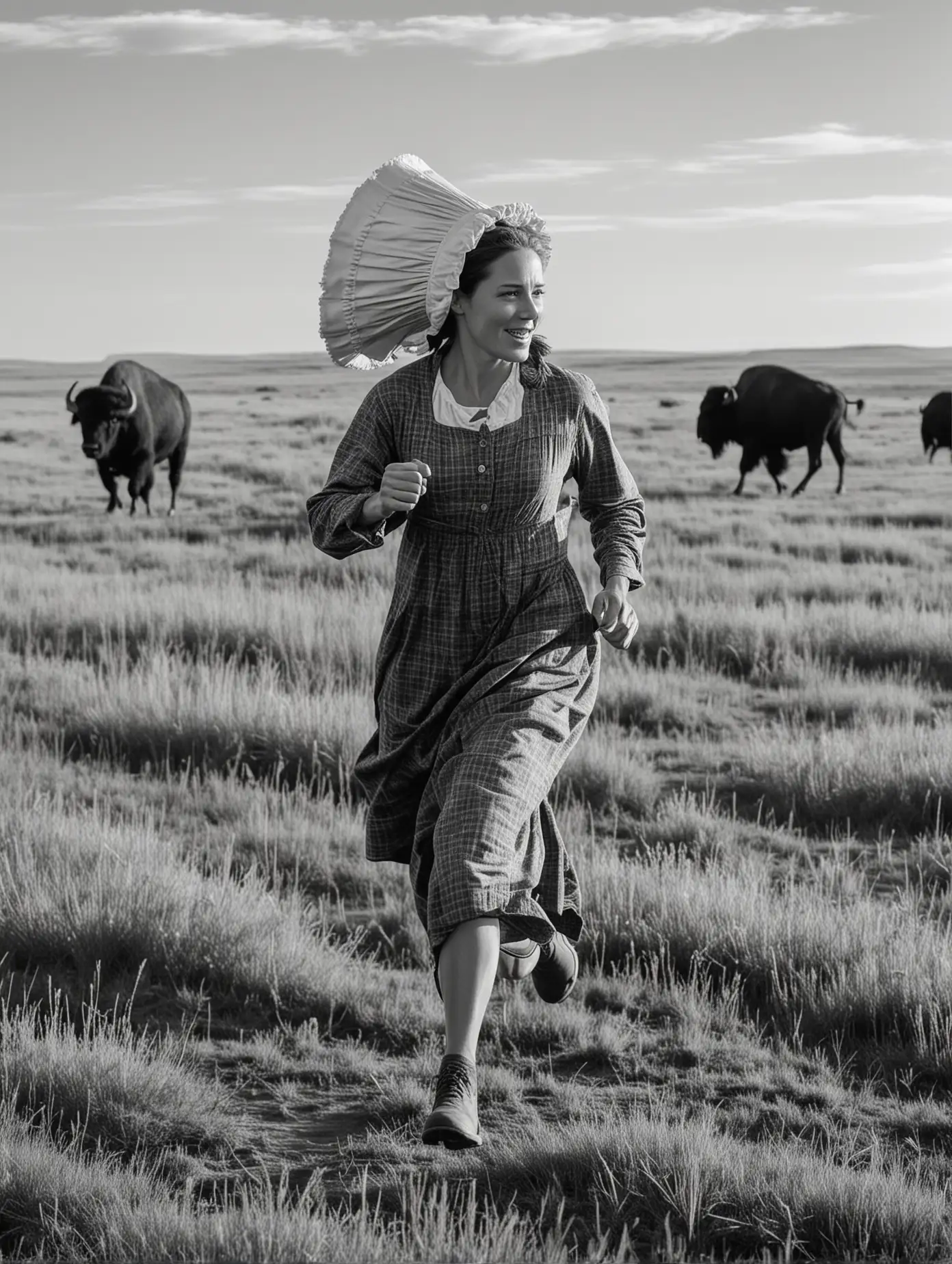 A caucasian woman runs through the prairie. She is a pioneer and wears a bonnet. There are buffalo in the background. She is seen from the side. In black and white. 