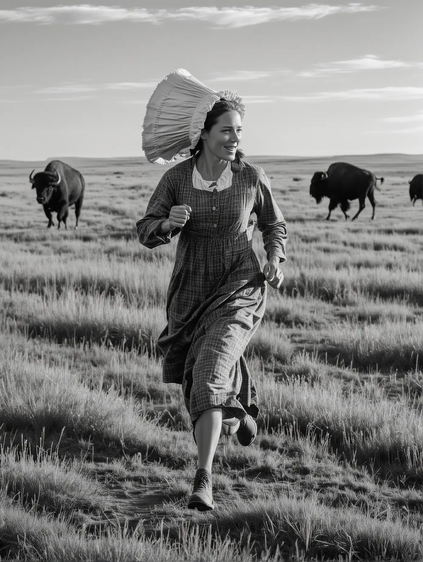 Pioneer Woman Running Through BuffaloFilled Prairie in Black and White