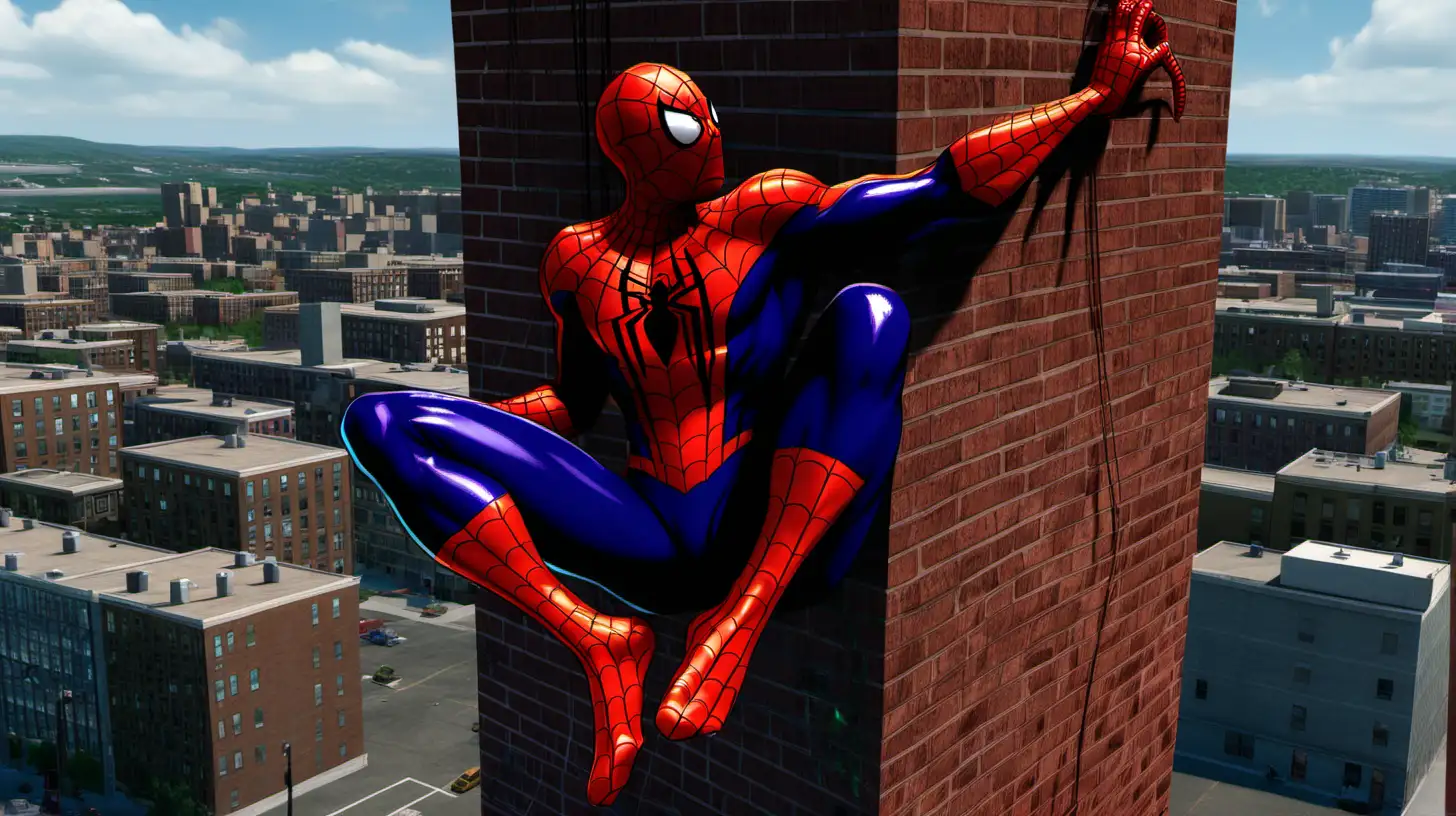 SpiderMan Swinging from Tower in Bustling Cityscape