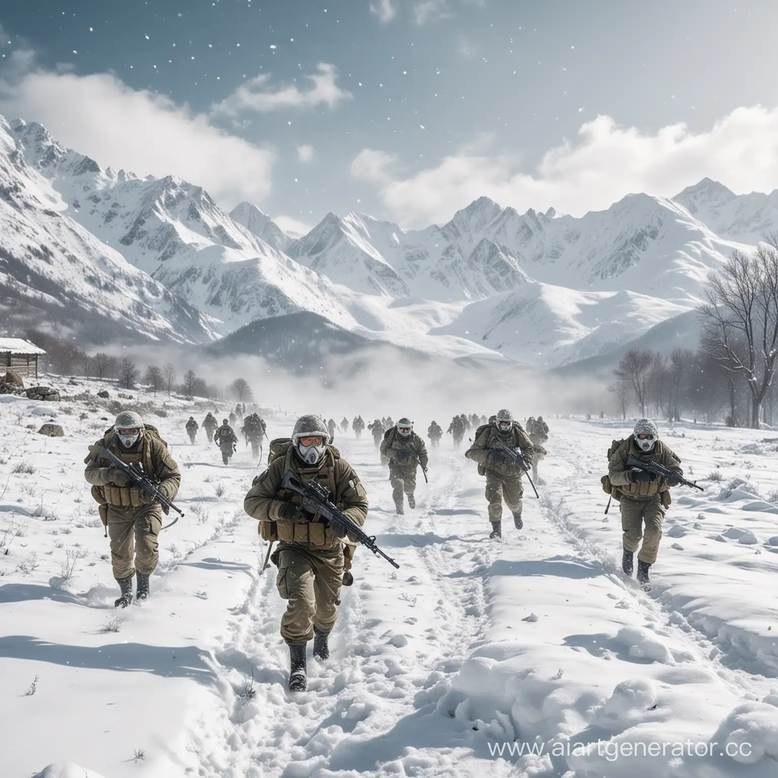  Белая армияидущая вперед по белому снегу. Солдаты одеты в зимнюю военную форму, их лица скрыты масками. На фоне виднеются снежные горы, покрытые пушистым снегом. В руках у солдат виднеются винтовки и метательные гранаты. В воздухе плавают снежинки, создавая впечатление непрекращающегося снегопада.