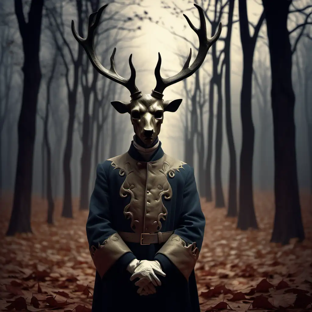 A DEAD MAN WITH A DEER'S HEAD IN 19TH CENTURY CLOTHES LIES IN AUTUMN FOLIAGE, deer with glowing horns are standing around post processing, silence, detailed costumes, monochromatic minimalist portraits, ghostly presence, traditional costumes, Magical, mystical award winning photograph, in the style of  of Remedios Varo , digital painting ::-0.3 Barbouillage, Shot on 17. 5mm, 85mm Lens, DSLR, F/ 22, ND - Filter, ultra quality, highly detailed, unreal engine, volumetric lighting, ominous, dramatic, horror background, octane render. ::1 , —ar 16:9
