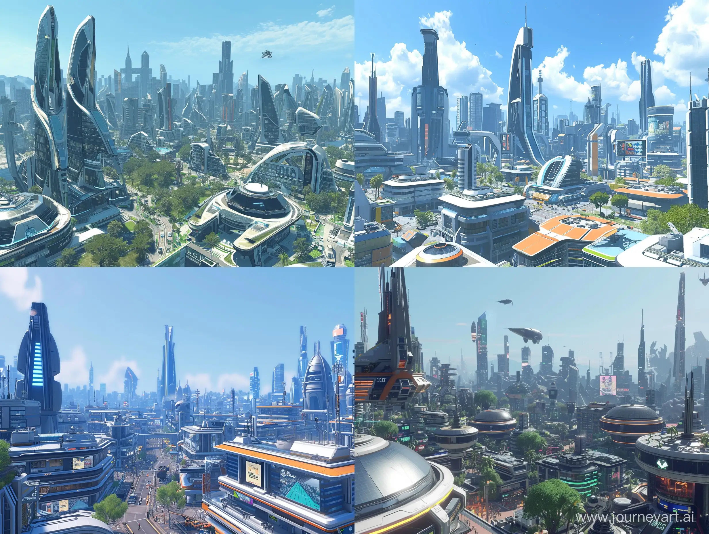 a bustling futuristic skyline, in city skyline 2 gameplay, day time
