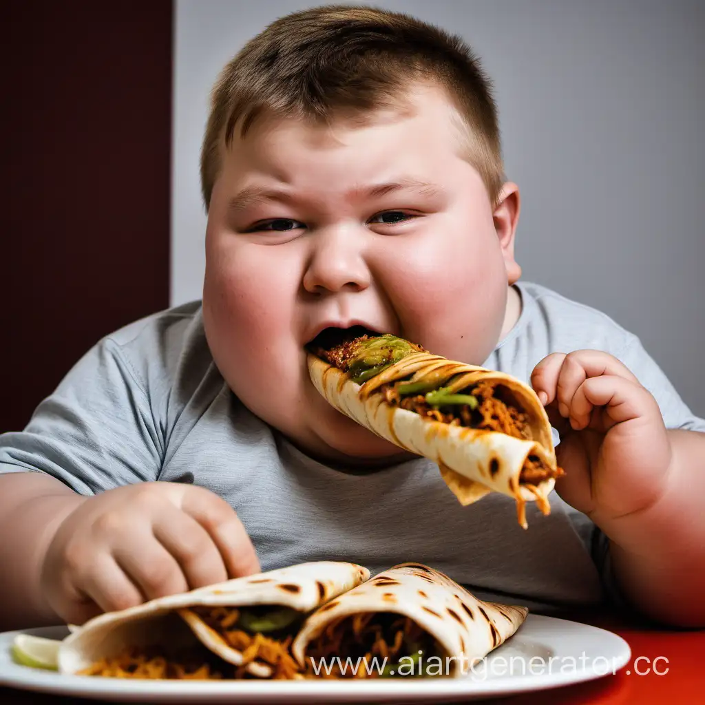 Толстый мальчик под именем Егор, кушает большую шаурму