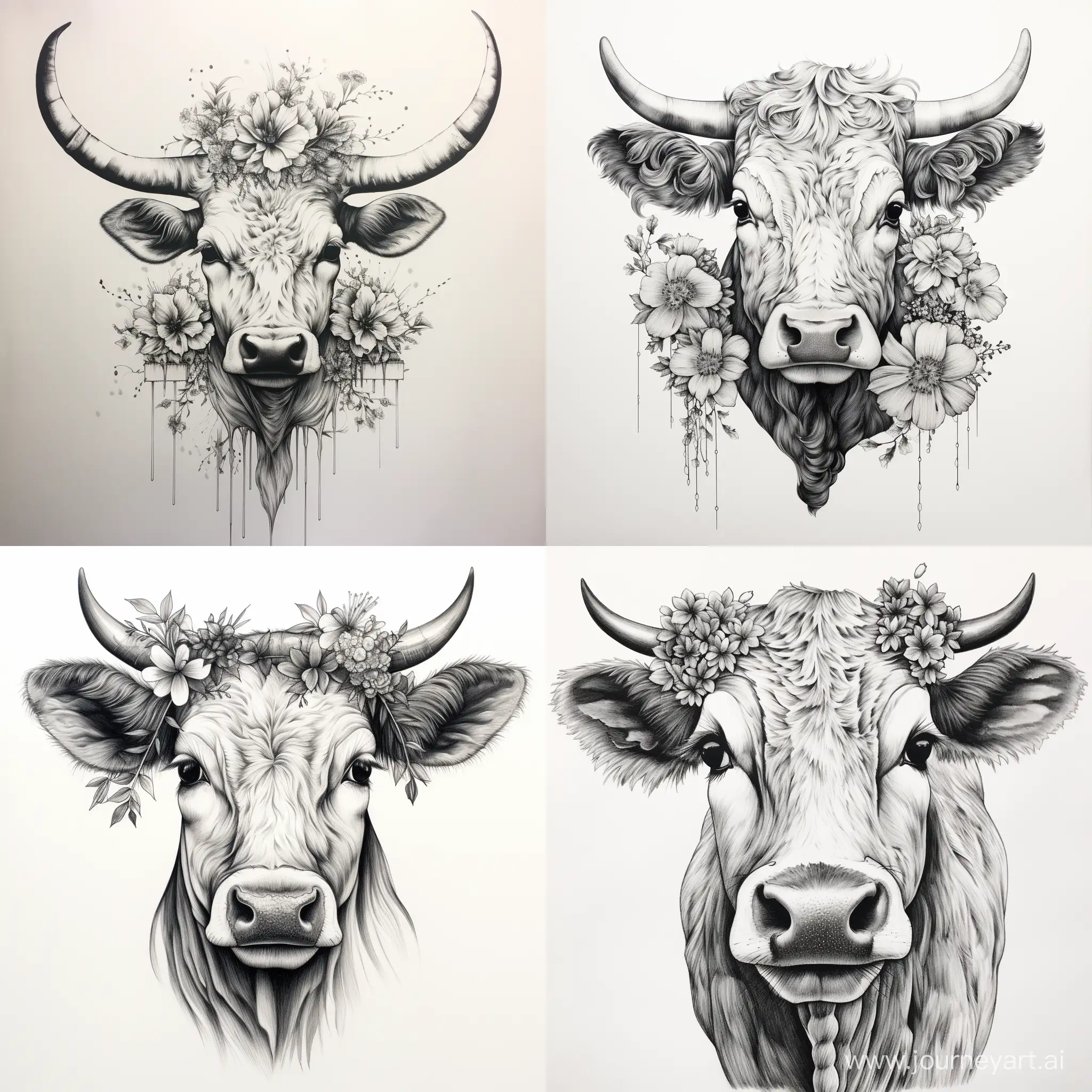 Majestic-Cow-Portrait-with-Thorny-Halo-Unique-BlackandWhite-Line-Drawing