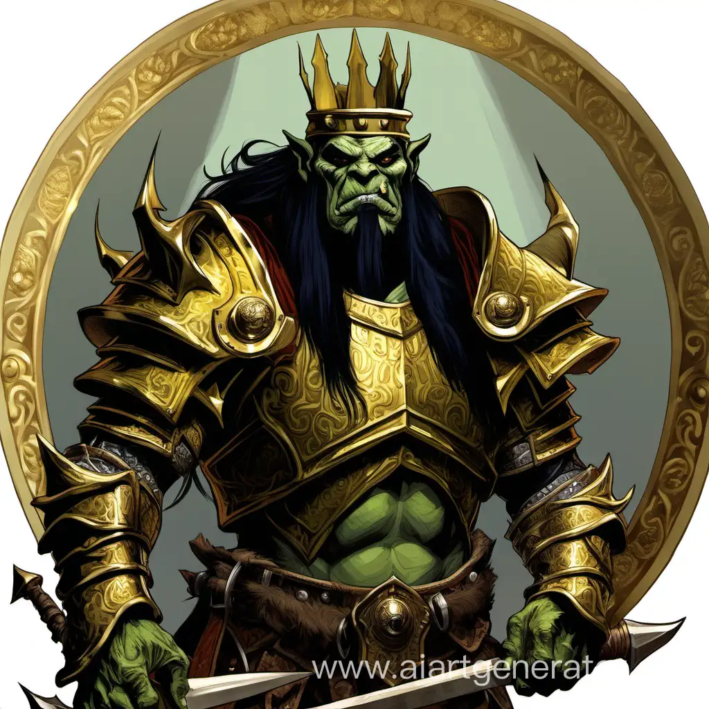 Portrait, fantasy, orc, plate armor, big gold crown, Tusks, black hair,  D&D style
