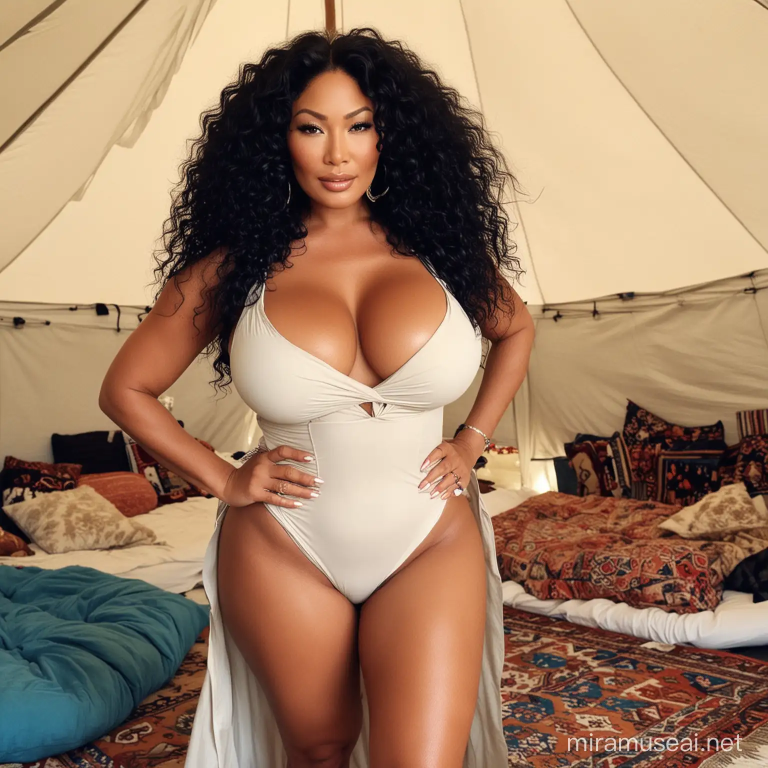 Kimora Lee Simmons in a tent, kinky hair, bbw, giant breasts, massive cleavage