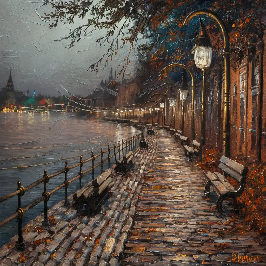 Wet oil, impasto, embossed, bright brass accents. Late Evening along the bank of the River Danube. Deep rich bright tones of brown, tan, beige, steel blue, burnt orange, teal. Light mist above the water. Linear perspective. Centered. Delicate. Quiet lakeshore path, lined with benches. Cobbled path. Dimly glowing old street lights and metal railings. Late autumn with overhanging oaks, fallen leaves, distant bright city lights twinkling in bright colours. Warm rich coloured scene
