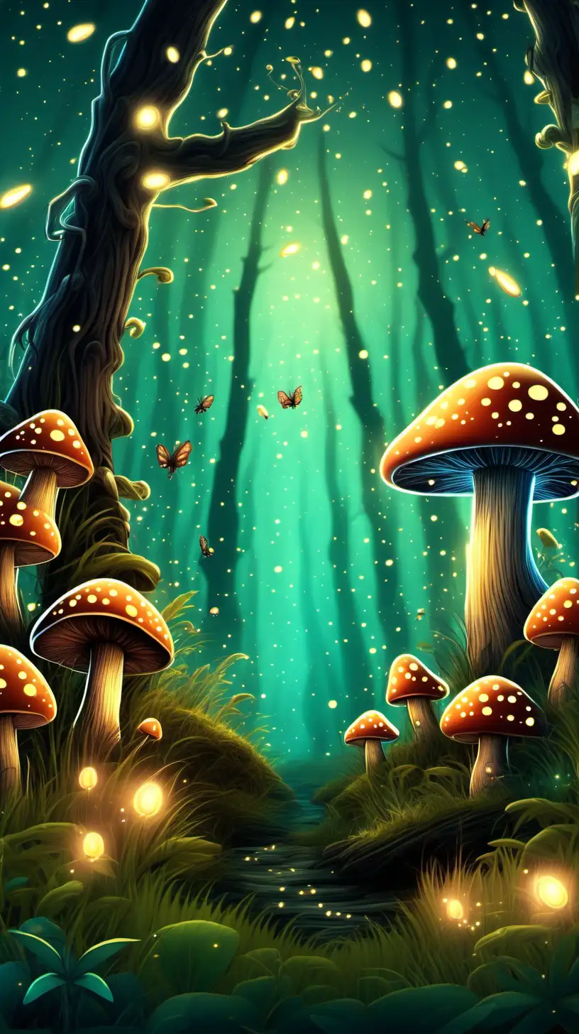 create an image of a cartoon mystic forest with mushrooms, fireflies and more