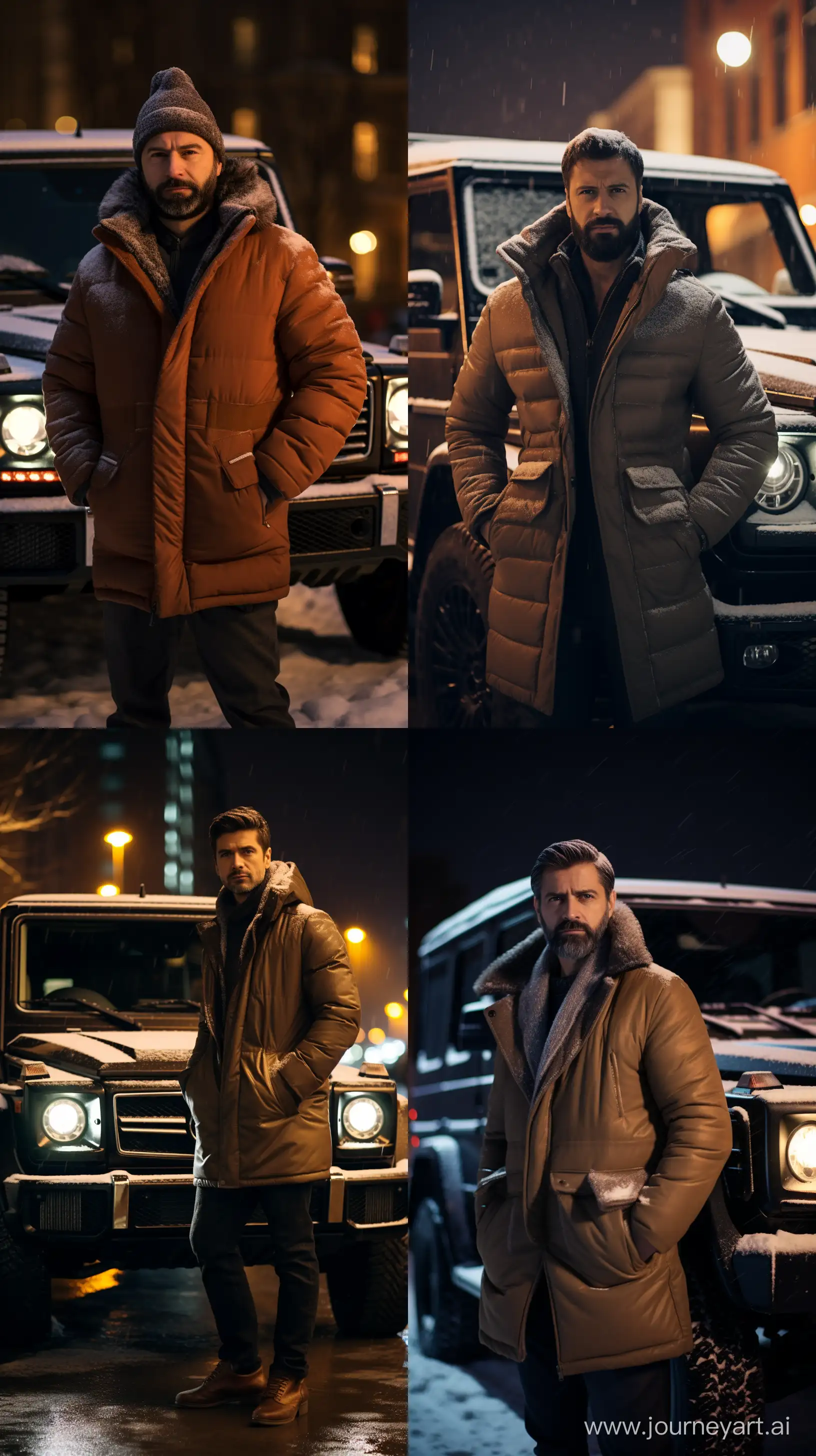 A man with brown hair, in the 60s and 70s of the USSR, stylishly dressed, standing next to a car Мерседес g65 Брабус, it's snowing in winter, the lights are on in the evening,man aged 40, Canon EOS 5D Mark IV DSLR, f/8 aperture, 1/125 second shutter speed, ISO 800, professional lighting setup, Adobe Photoshop, attention to detail::3 --ar 9:16