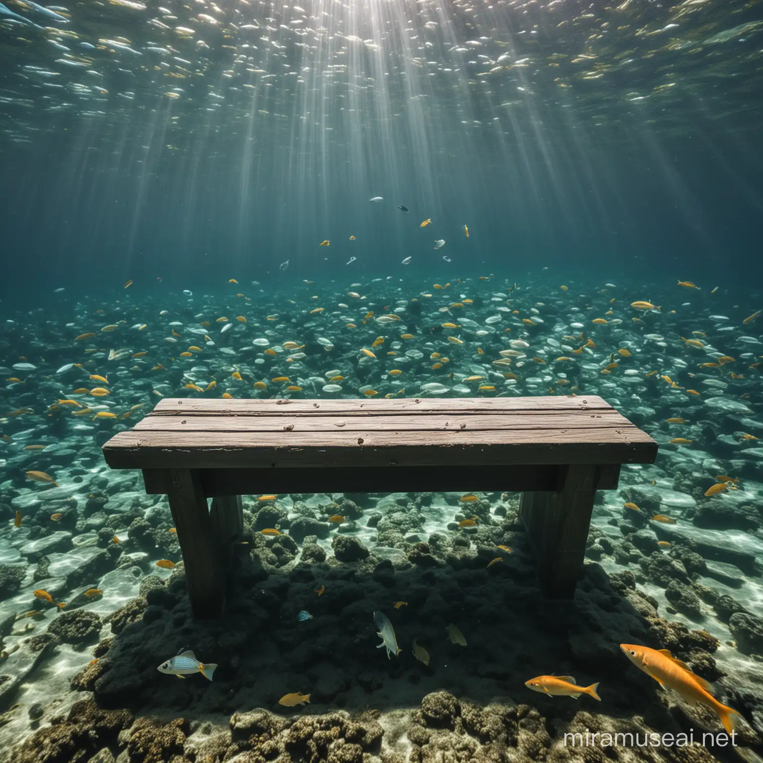 Underwater Bench Surrounded by Vibrant Fish