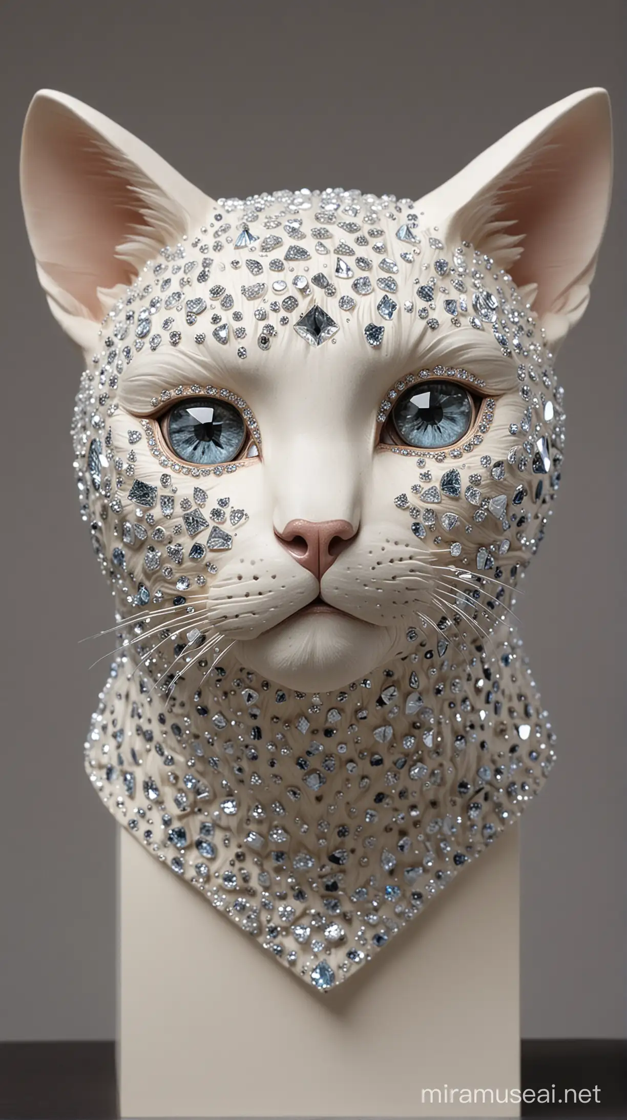 a sculpture depicting a cat face looking into the camera. She has cute face with diamonds all over it