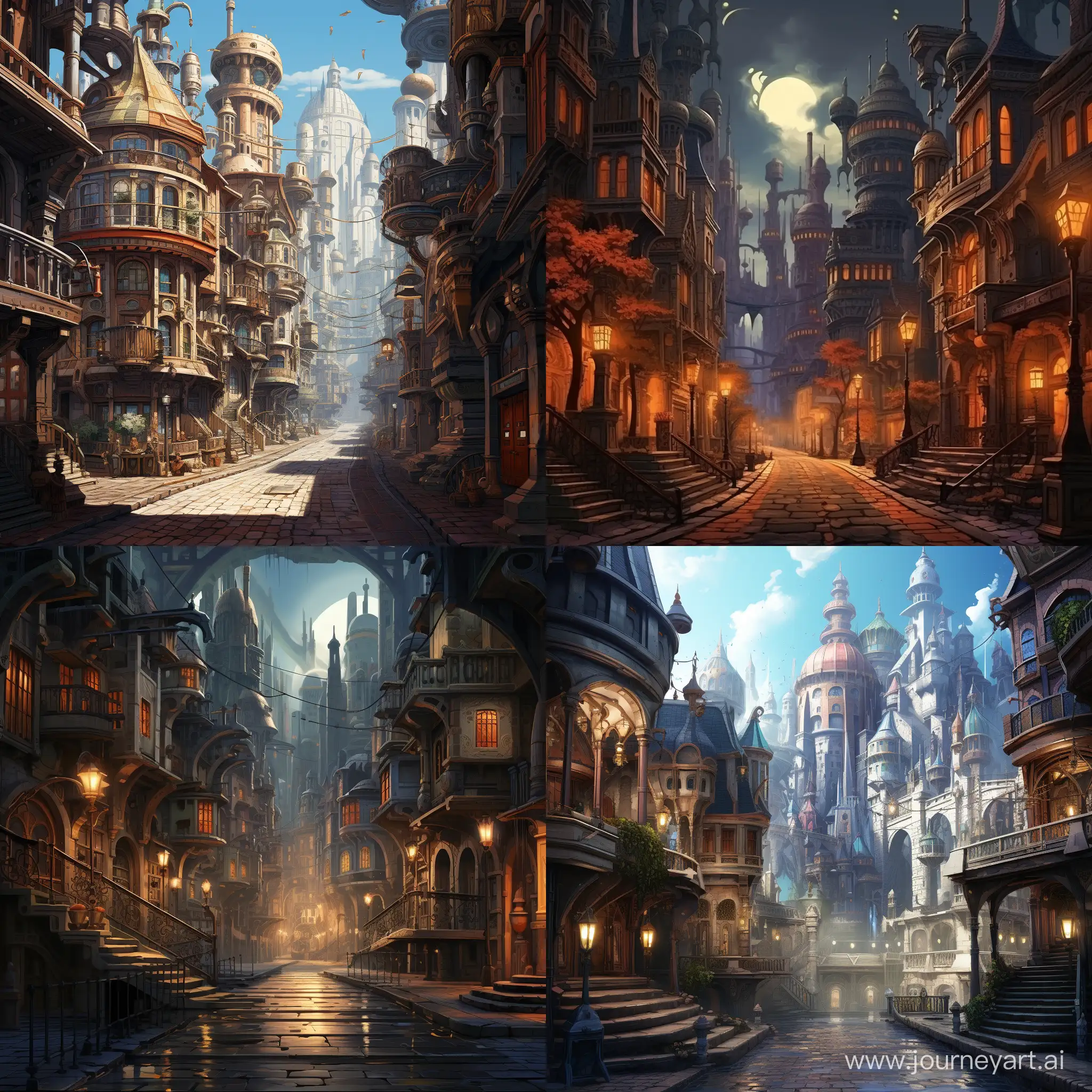 street of a fantasy city, with tall buildings, in the style of the late Middle Ages with pipes and magic