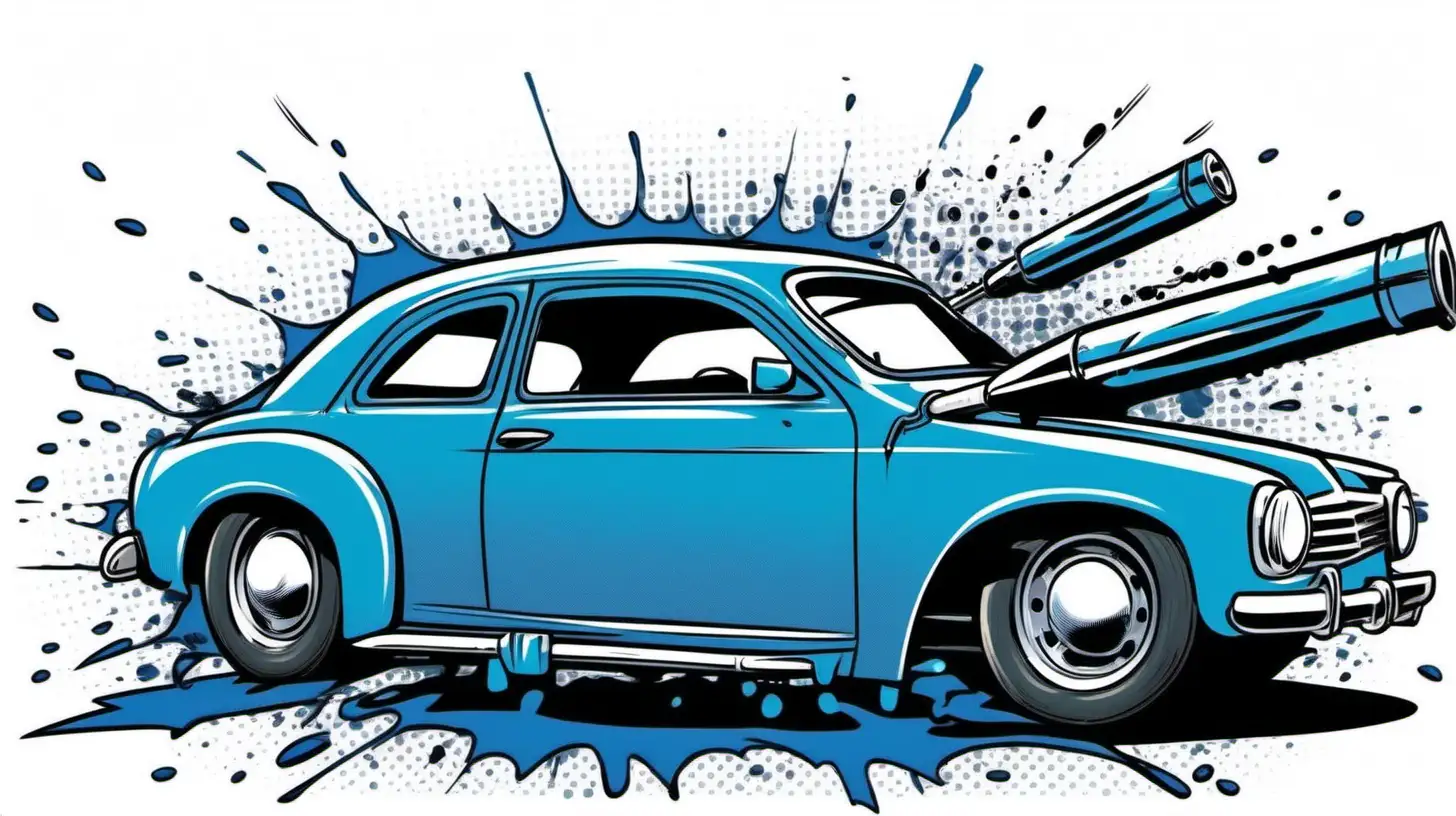 A comic book strip of a car being spray-painted in 2 steps. Classic comic book style, blue on white.