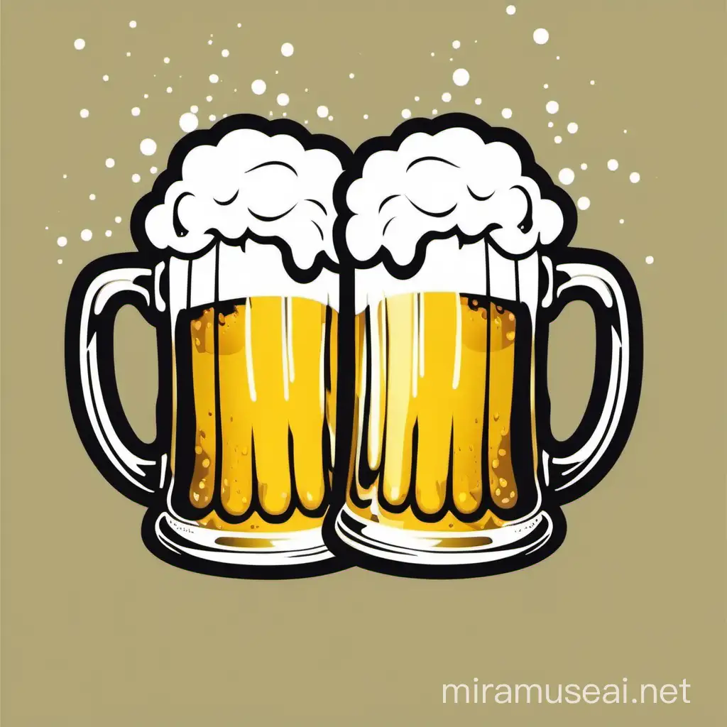 Two beer mugs cheers spilling foam and beer. Clipart style. Solid background color
