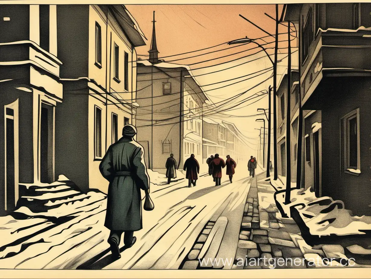 Советский Рабочий идёт домой по улицам русского города в стилистической советской рисовке