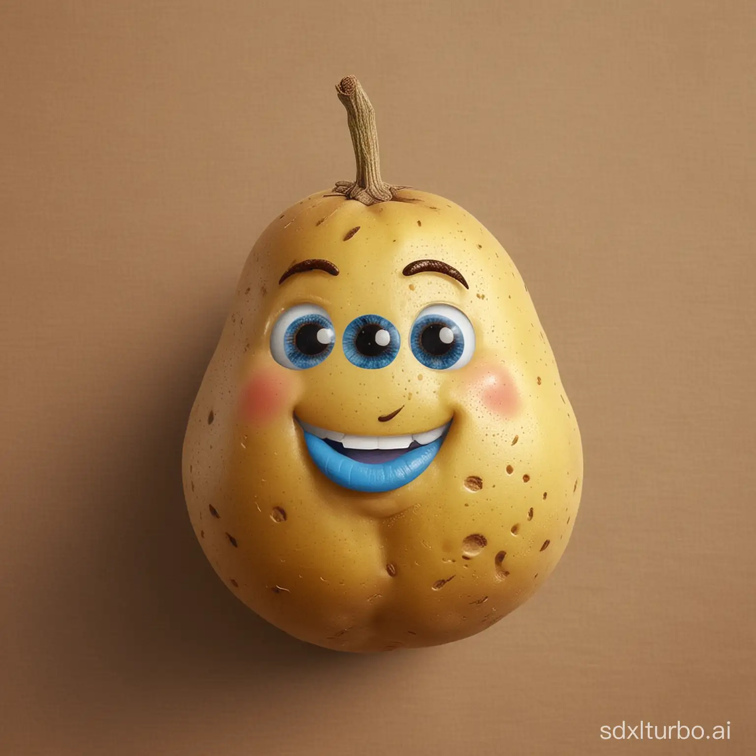 Happy potato. The potato has a bell. The potato has a yellow body, blue eyes, and a brown face.