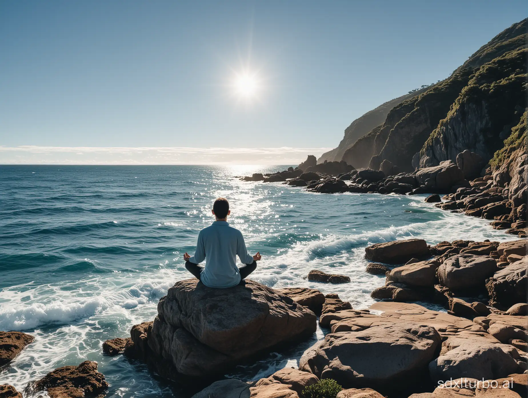 A person sits on a rock by the sea, meditating, under a clear sky, with blue ocean and sky.