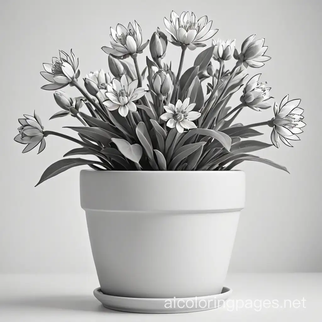 flower buds in pot , Coloring Page, black and white, line art, white background, Simplicity, Ample White Space. The background of the coloring page is plain white to make it easy for young children to color within the lines. The outlines of all the subjects are easy to distinguish, making it simple for kids to color without too much difficulty