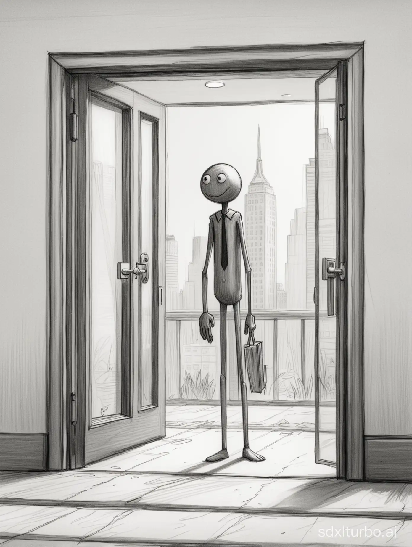 a stickman in the cartoon bw corporate city visits office entrance, pencil raw sketch