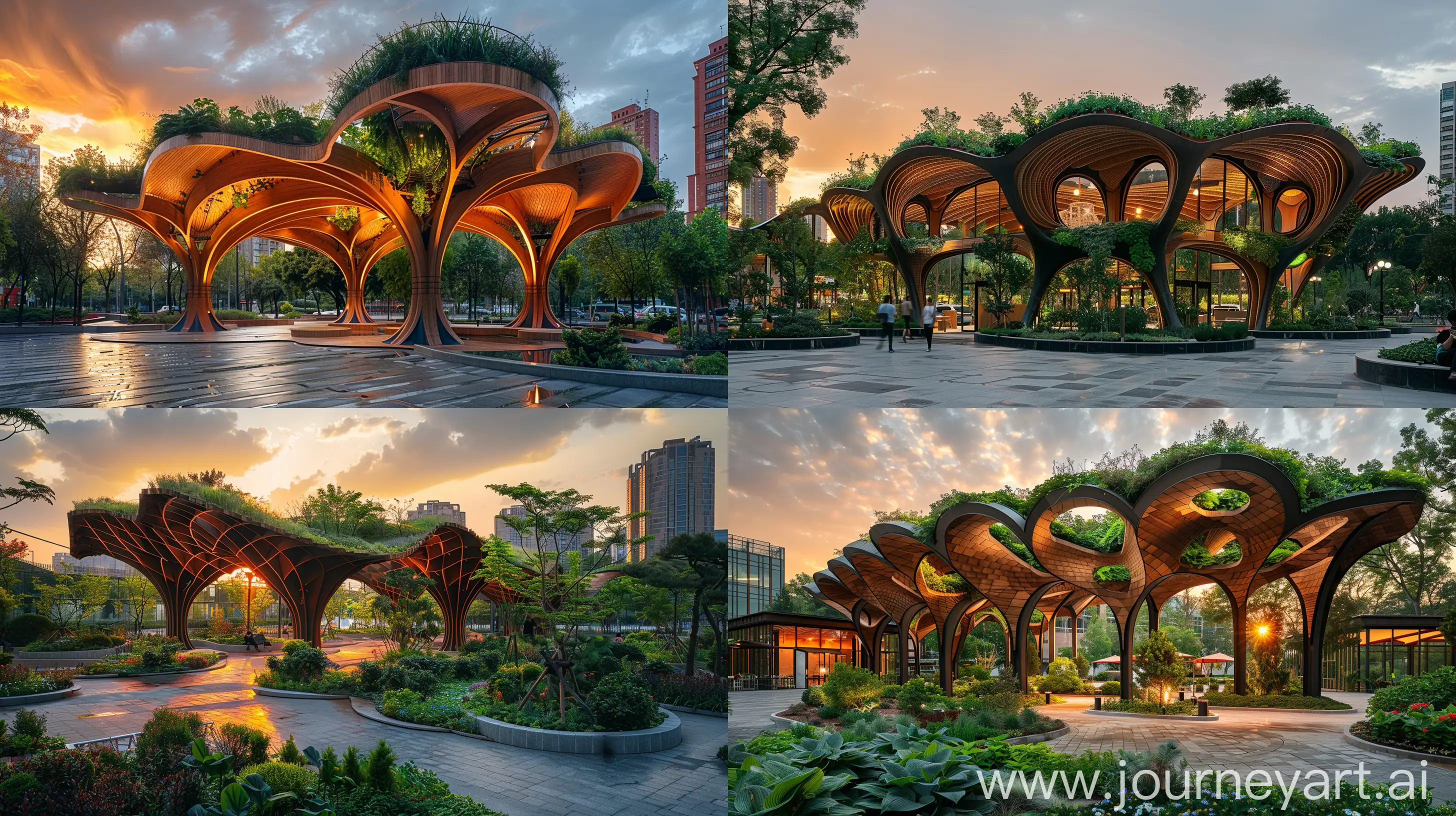 contemporary architecture, bioinspired student pavillon for coworking, hyperbolic structure with timber steel and lot of greenery, plaza in a urban landscape, ground-shot view at sunset --ar 16:9 --chaos 0 --stylize 400