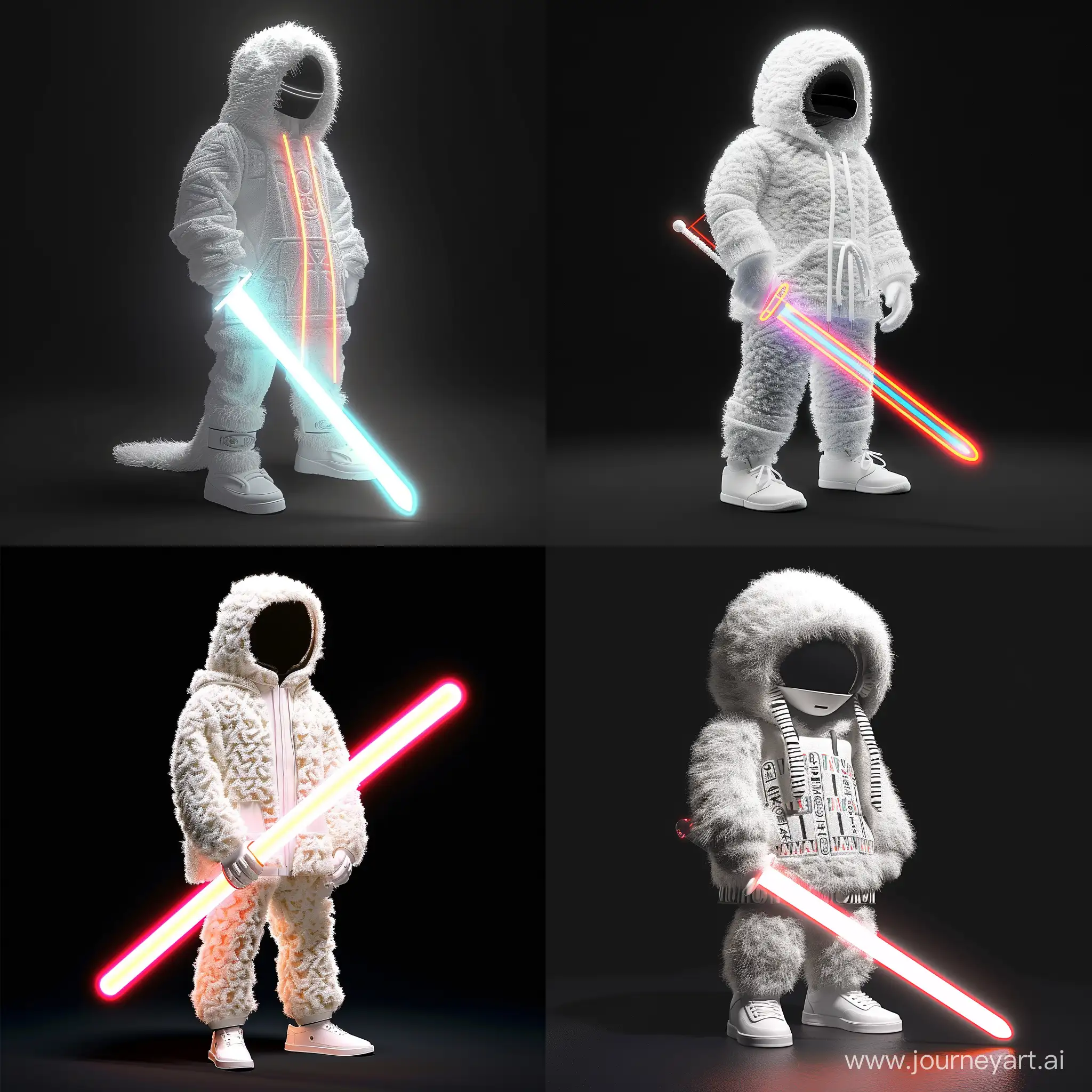 character wearing yudor fashion hoodie with neon sword, in the style of ancient daft punk iconography, white, fluffy, neon pattern, daft punk aesthetic, egyptian pattern, black background, minimalism, white shoes