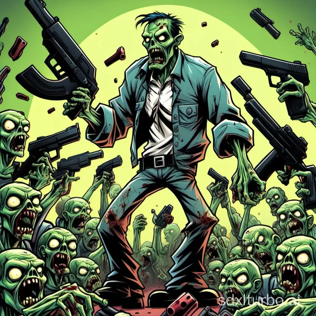 full-sized zombie with guns in their hands, cartoon style
