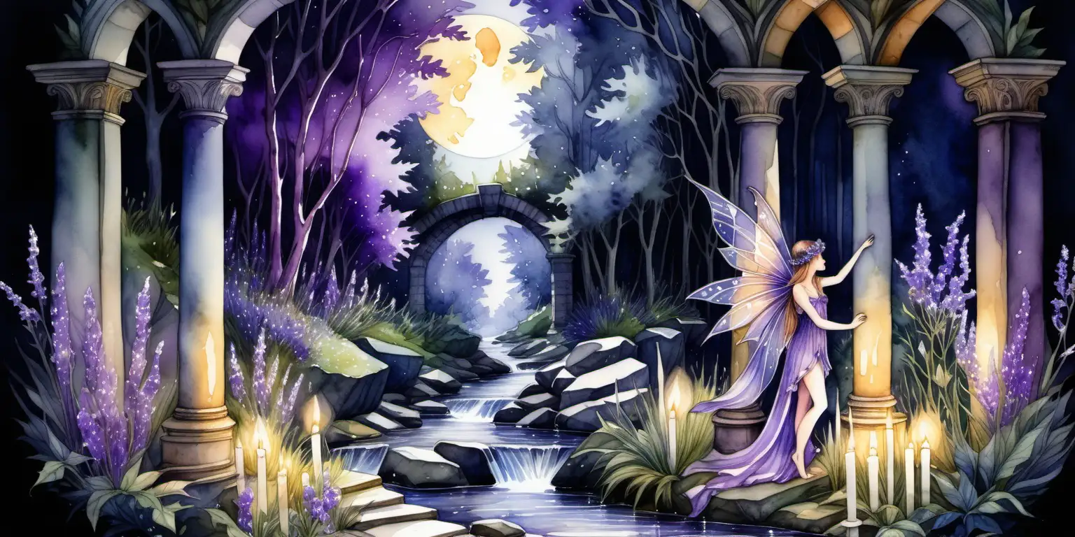 a watercolour painting of a fairy surrounded by amethyst crystals , she is in a woodland where wild flowers grow, a beautiful stream flows through an archway . It is a beautiful moonlit night . there are pillars with candles on the top of the pillars