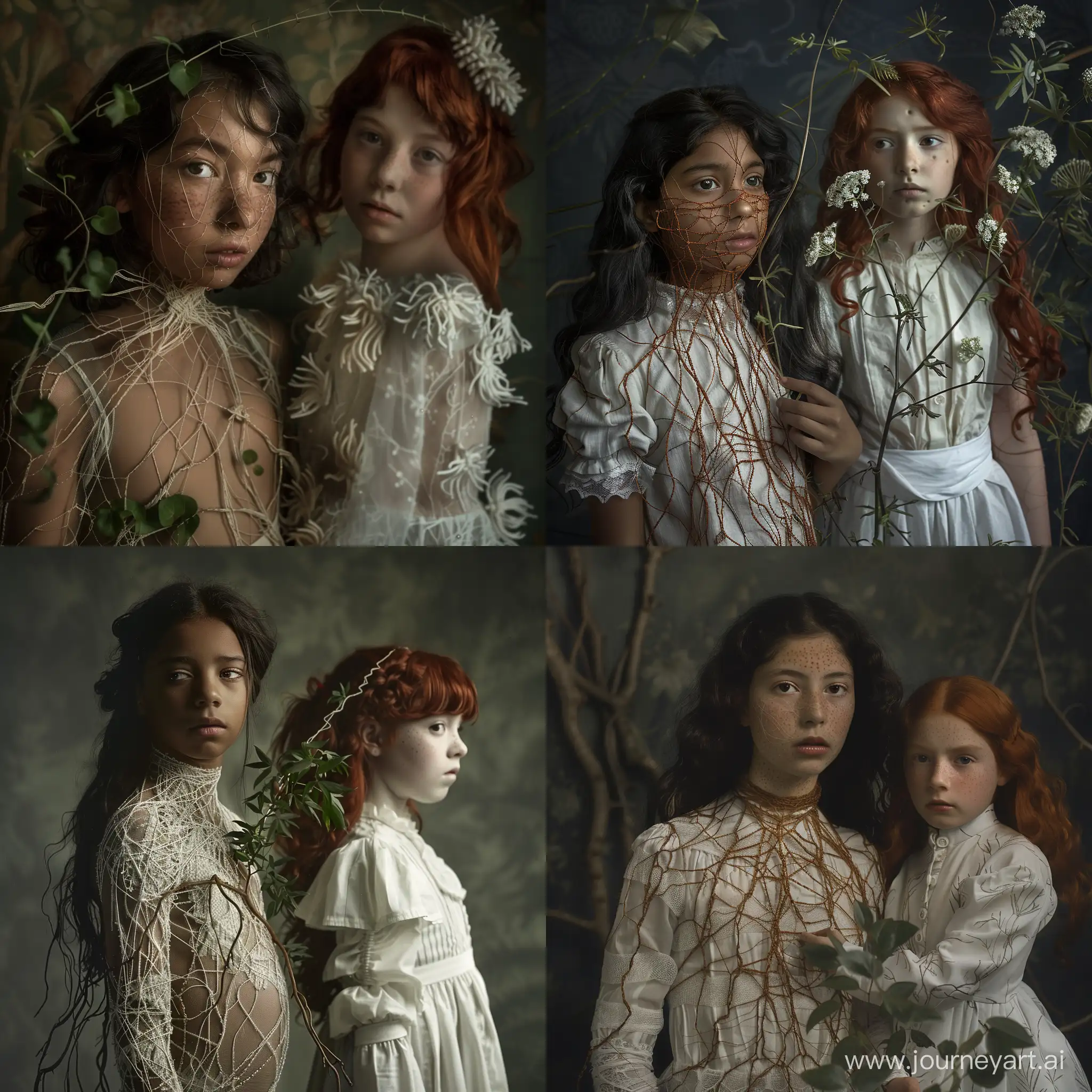 Mystical-Connection-DarkHaired-Woman-with-Intricate-Nervous-System-Weavings-and-RedHaired-Girl-in-White-Plant-Fabrics