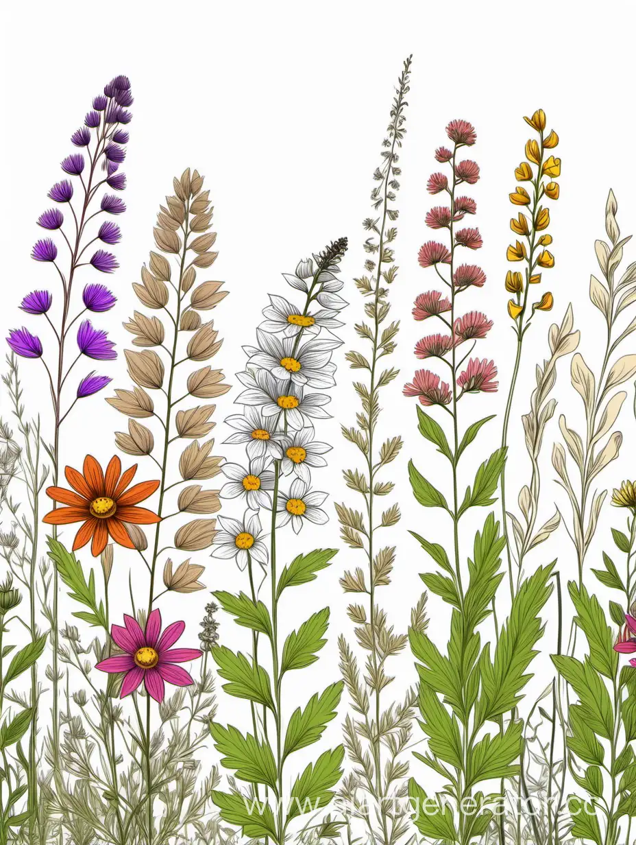 a colorful wildflowers lines art, simple, herbs, Unique floral, botanical ,grow in clusters, neutral tones, 4K, high quality, white background, trending on artstation, sharp focus, intricate details, 