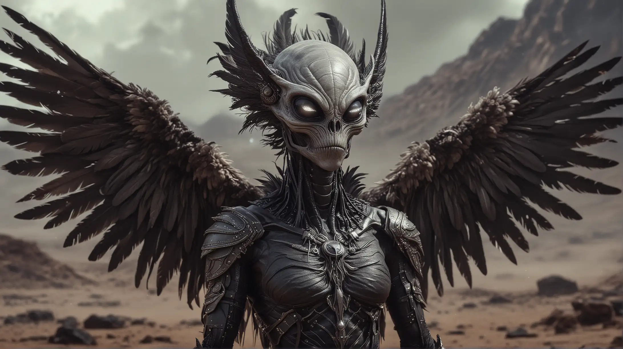 alienigena antropomorfo con plumas y alas negras en la espalda piel grisacea y ojos negros profundos en un planeta extraño