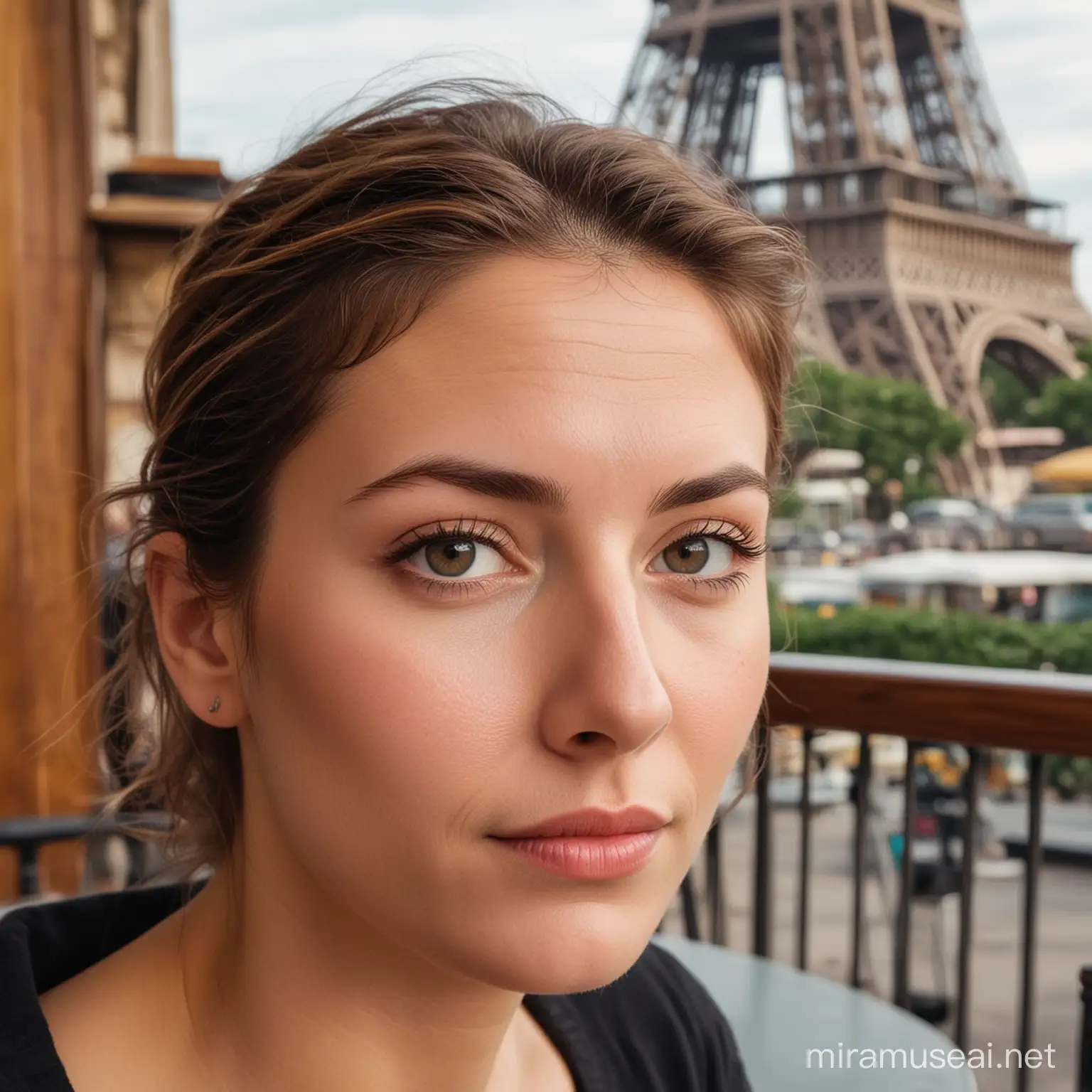 French Woman Enjoying Coffee with Eiffel Tower View