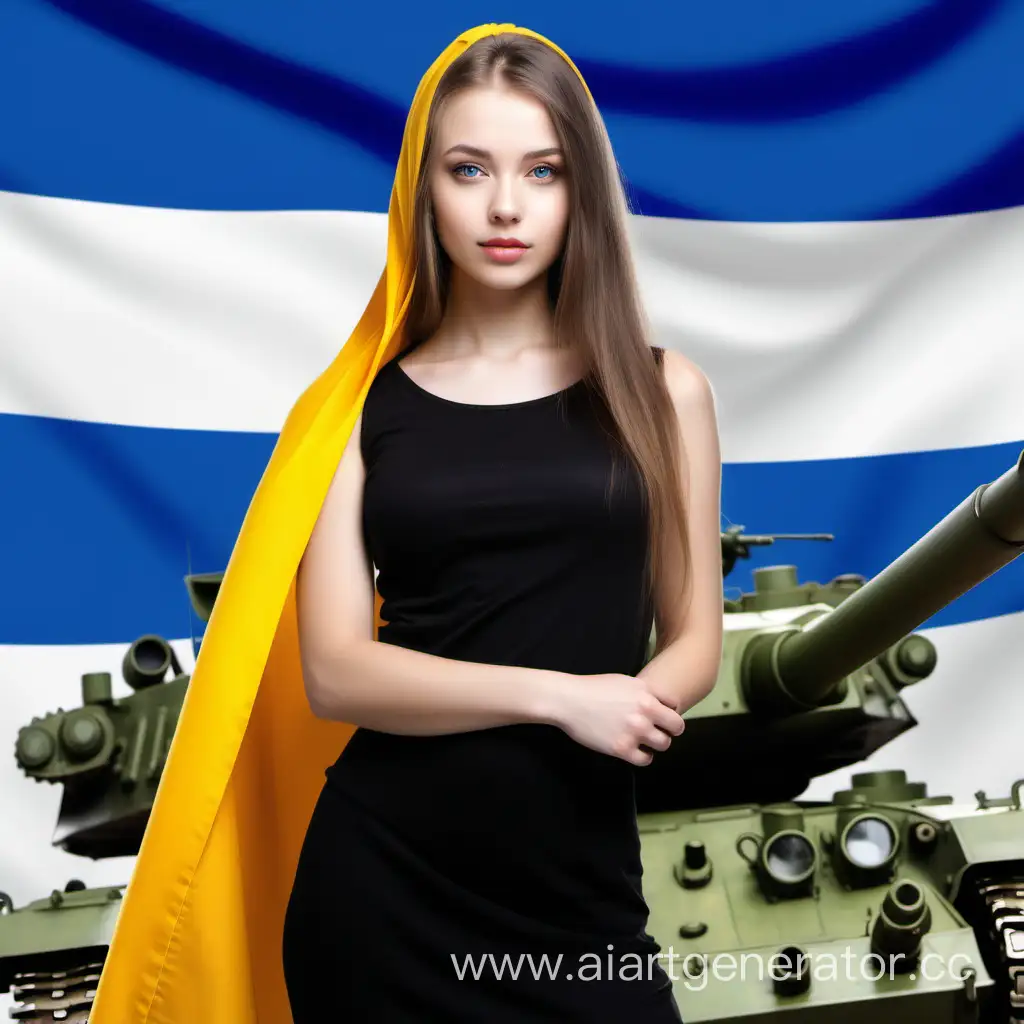A beautiful girl on the background of the flag of the Russian Empire (Black-yellow-white flag) with a tank