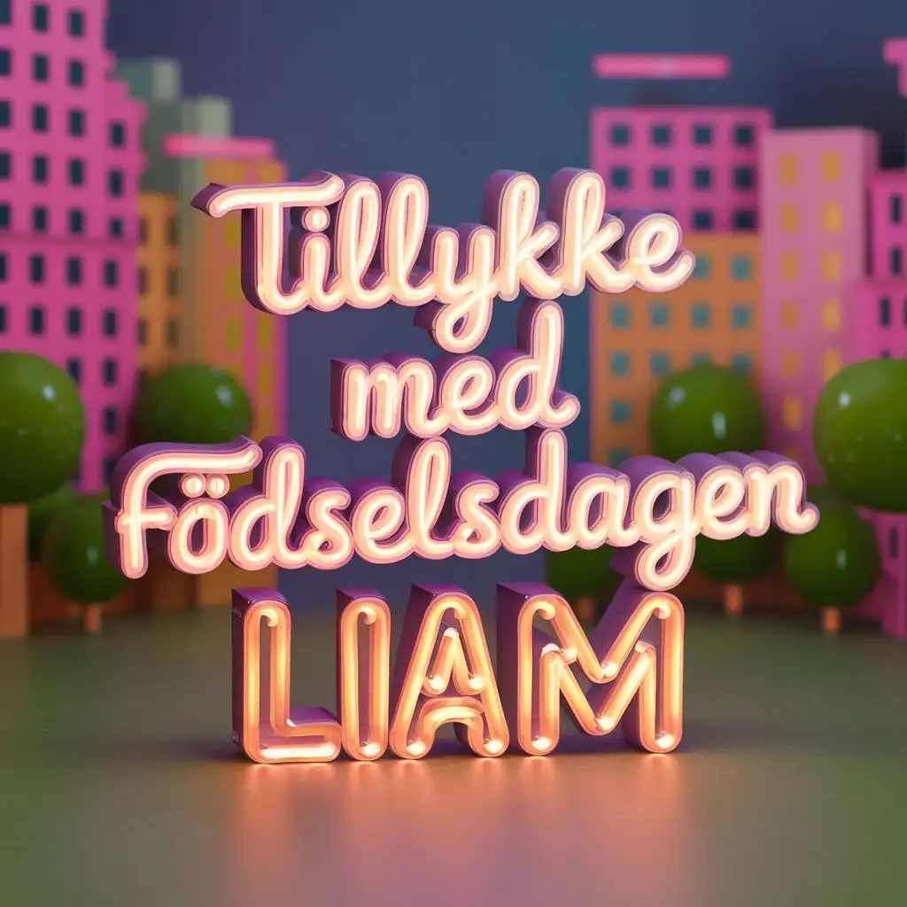 A small 3D diorama of text saying Tillykke Med Fødselsdagen Liam with pink and orange neon lights..