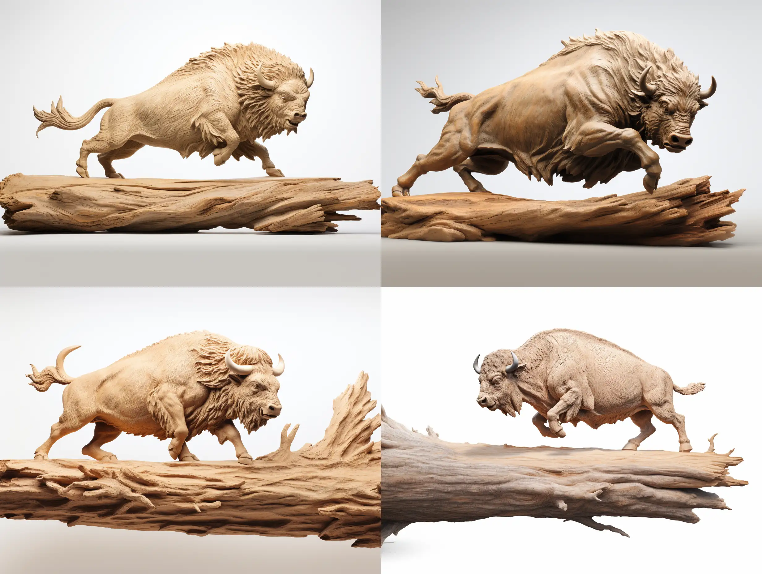 Professional sketch for wooden sculpture, a full-length buffalo leap over a log in profile, professional dynamic character, wood carving, ready for battle 3d, white background, 8k Render, ultra realistic