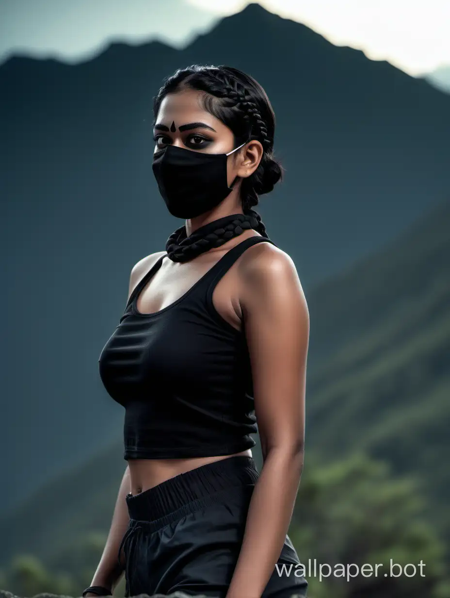 Indian Female with short braided black hair, black mask and black bermuda, normal body, side angle view, full body, dark mountain background