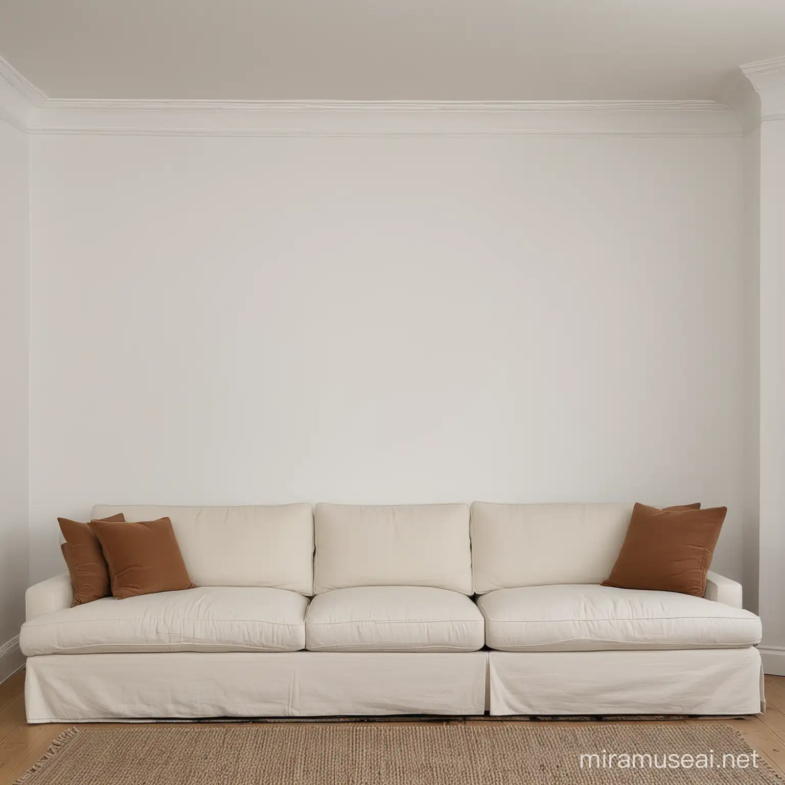 looking into the corner of a living room. large plain white walls. sofa.