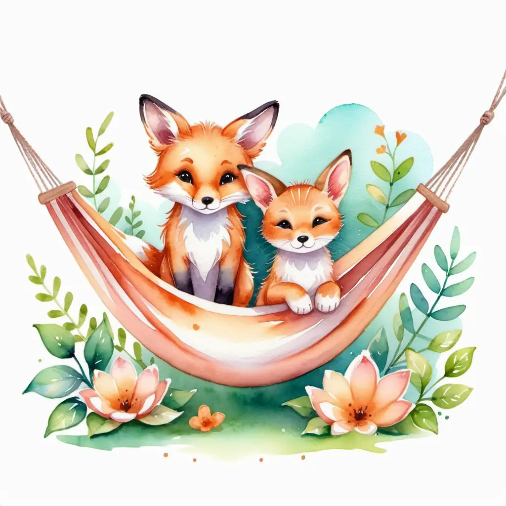 Adorable Fox Cub and Rabbit Kitten Relaxing in a Summer Hammock with Watercolor Touches