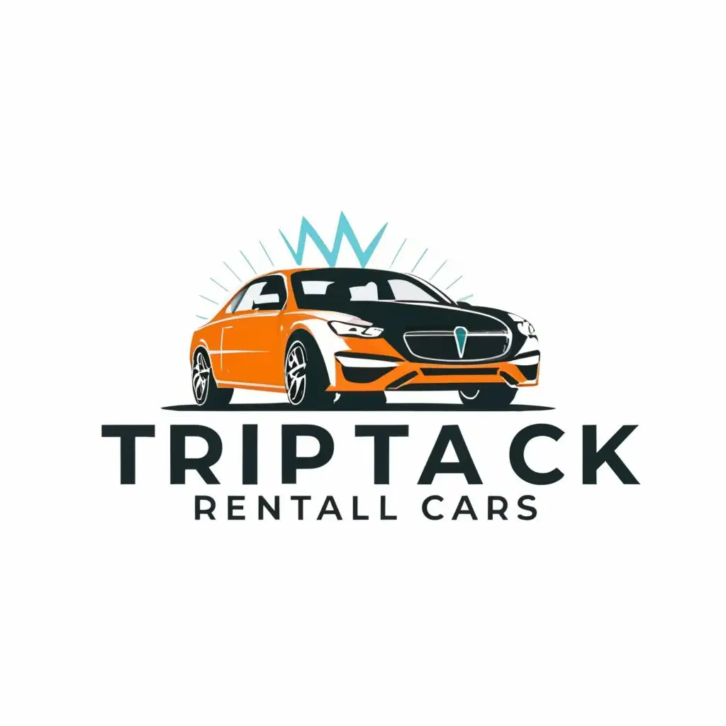 logo, modern car, with the text "Trip Tack Rental Cars", typography