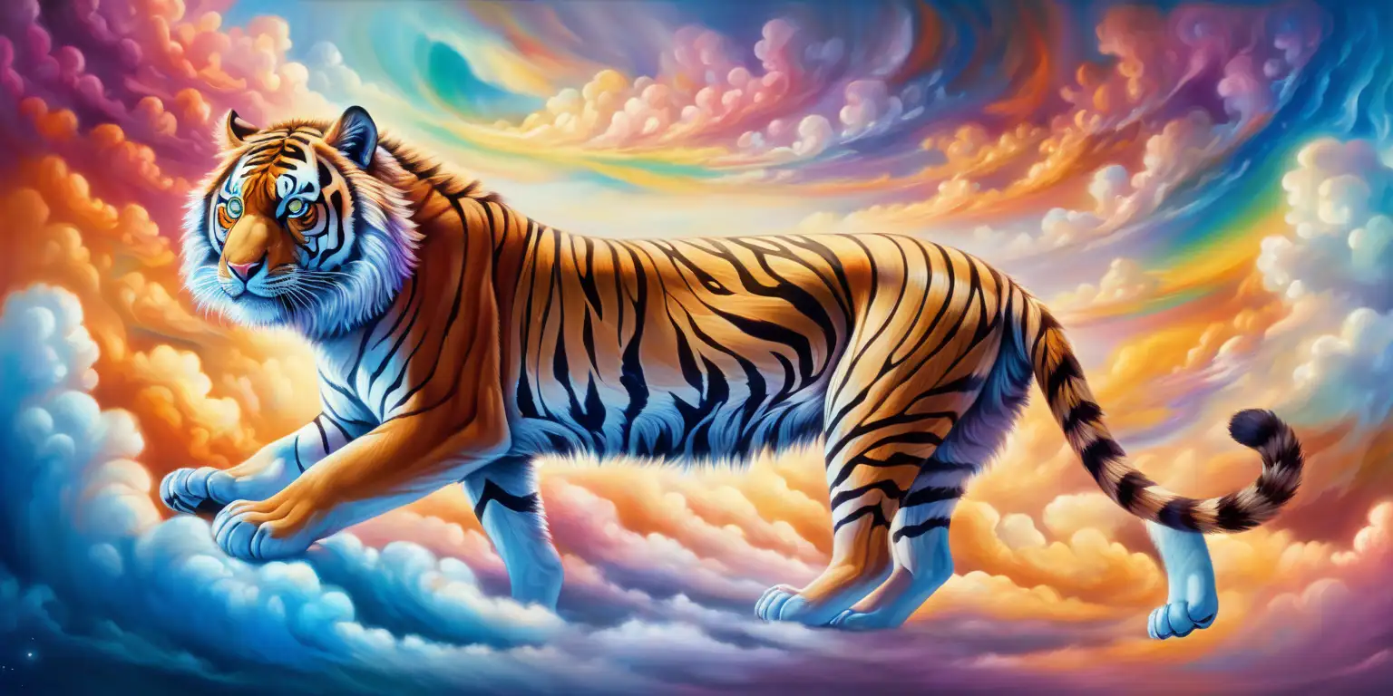 imagine a breathtaking scene where a vibrant, multi-hued tiger emerges from a canvas of swirling, iridescent clouds. The wolf's form is vividly painted with a palette of vibrant colors, emanating an aura of raw power and strength amidst the ever-shifting, kaleidoscopic clouds that surround it. Capture the essence of this majestic creature as it stands as a symbol of primal force and beauty within the mesmerizing, colorful expanse of the sky.