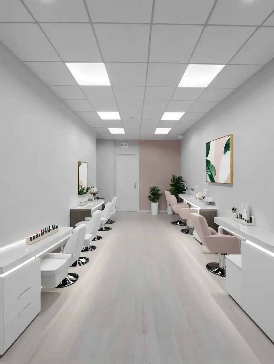 "Generate a realistic rendering of the interior of a nail salon with a focus on aesthetics and functionality. The salon should have a modern and elegant design, featuring clean lines, comfortable seating areas, ample natural light, and contemporary decor elements such as minimalist furniture, stylish lighting fixtures, and botanical accents. The color scheme should be soothing and sophisticated, with shades of white, pastel colors, and touches of metallics for a luxurious feel. Incorporate nail stations equipped with sleek manicure tables, ergonomic chairs, and shelves for displaying nail polish collections. Include a reception desk at the entrance with a welcoming ambiance, showcasing the salon's logo and branding. Ensure that the space is visually appealing and inviting, creating a serene environment for clients to relax and enjoy their salon experience