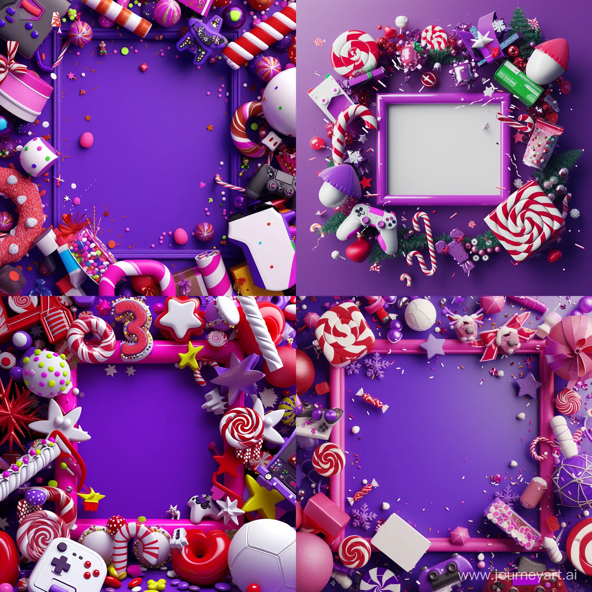 Create a vibrant and explosive 3D framed image for a video game store, focusing on a lively and festive theme. The design should feature fewer but larger elements such as oversized candies, gaming items, and festive decorations, arranged in a way that they appear to be bursting out from the edges towards the center. The central space should remain largely empty for text. Use bright and cheerful colors like vivid purple, magenta, neon pink, and white, ensuring the overall feel is energetic and far from subdued, perfectly fitting for a high-energy sales promotion.