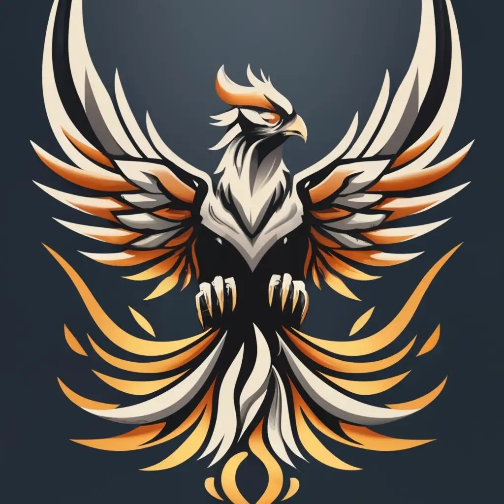 Phoenix rising from ashes logo black, gold, white, grey, no orange