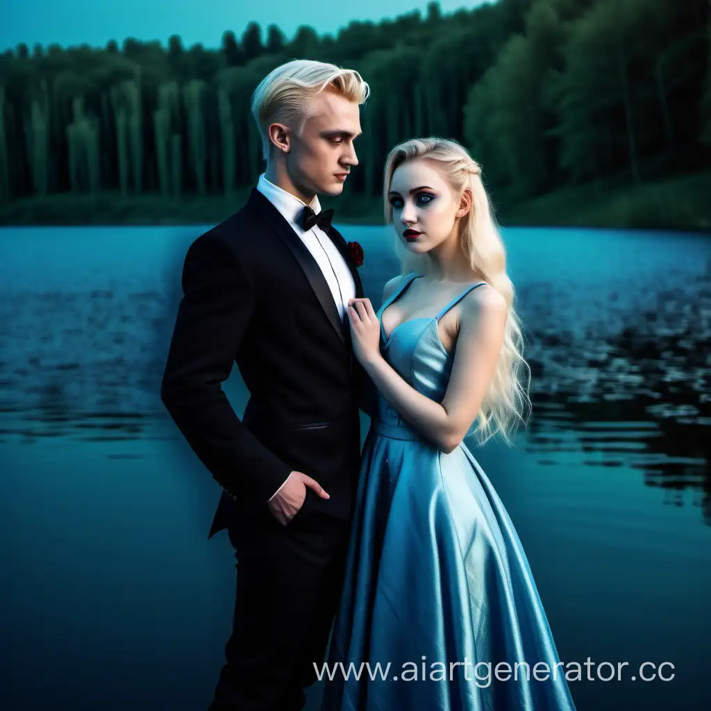 a young beautiful girl with blonde hair in a hairstyle with blue eyes in a magnificent beautiful modern fashionable dress with straps is standing looking at a young handsome man in a tuxedo Draco Malfoy at a black lake near Hogwarts, night, moon, romance, love