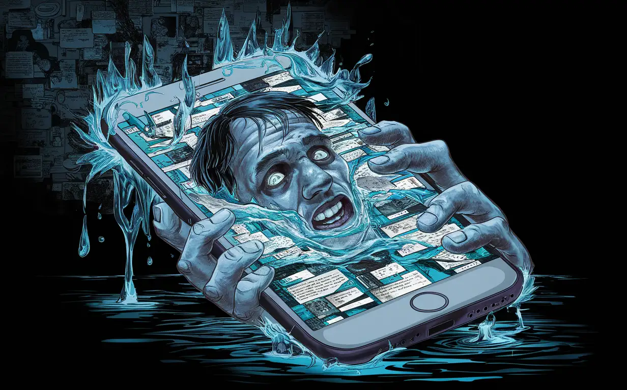 scared guy drowning inside a smartphone screen, dark,