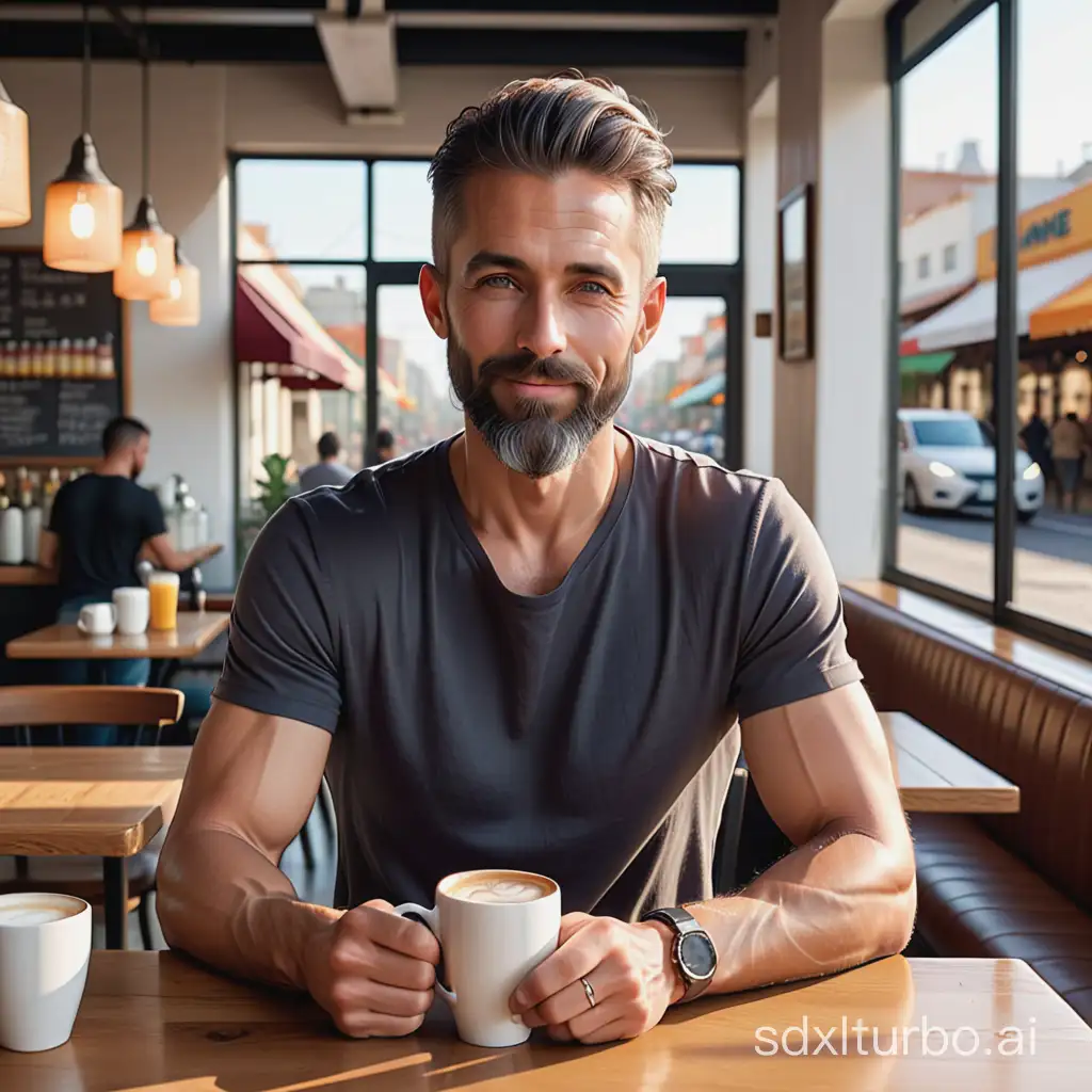 handsome 36 year old male, 
bright grey eyes, grey medium hair combed back, grey very long wide beard, happy expression, eyes closed,
slim body, thin arms, thin chest, very tanned skin, [distinct tan line],
black tshirt, jeans,
drinking coffee,
Full shot, Full-length portrait, Wide field of view, Centered,
in cafe, middle of city, 
Very Very Beautiful, 8k highly detailed, Soft Light, colorful.