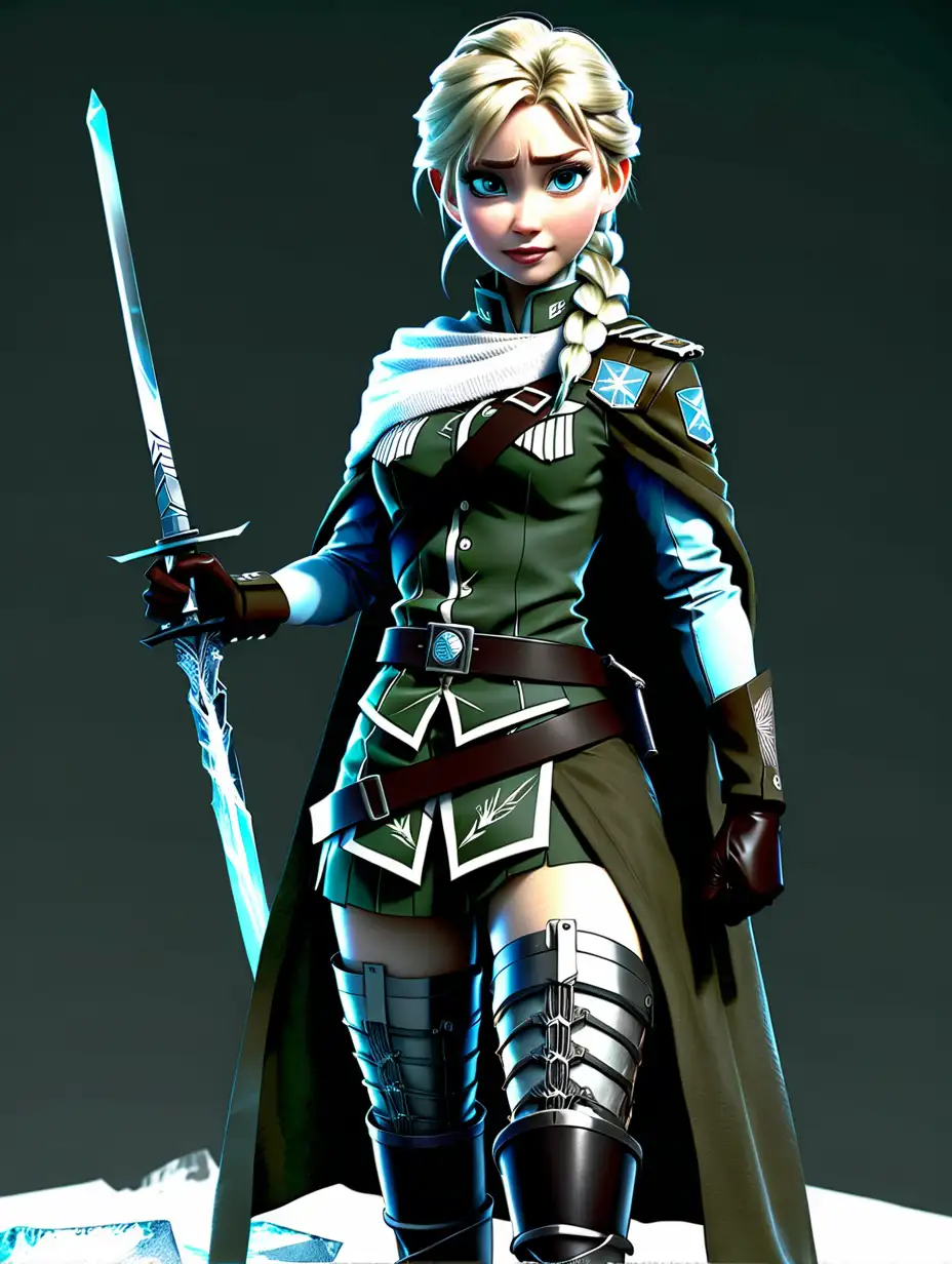Generate a detailed and realistic image of Elsa from Frozen wearing the uniform of Survey Corps from Attack on Titan, while retaining Elsa's elemental features. Fullbody Pose with a ice-sword in her hand. 