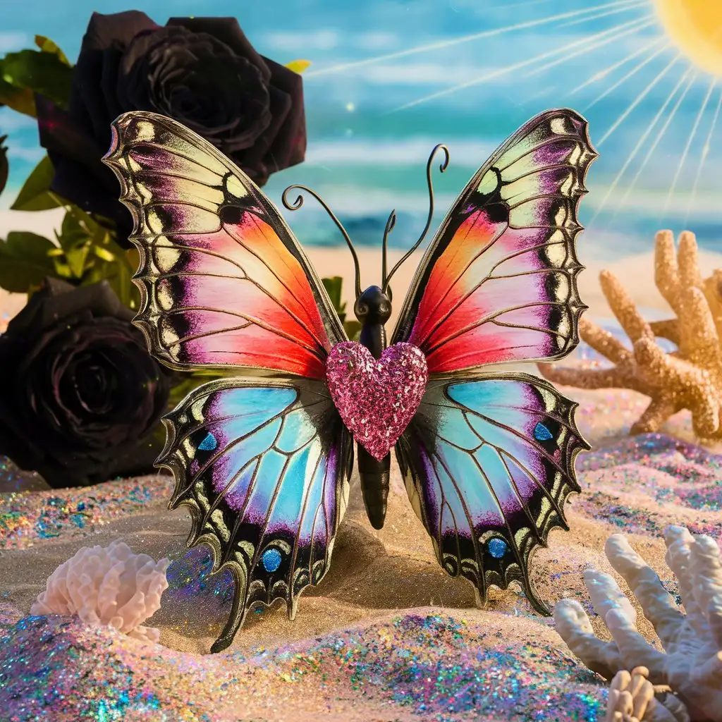 detailed intricate wings butterfly, two tone colored coral and black roses, sunny beach with sun rays, glitter heart, glitter, sparkle, shine, shimmer, glowing